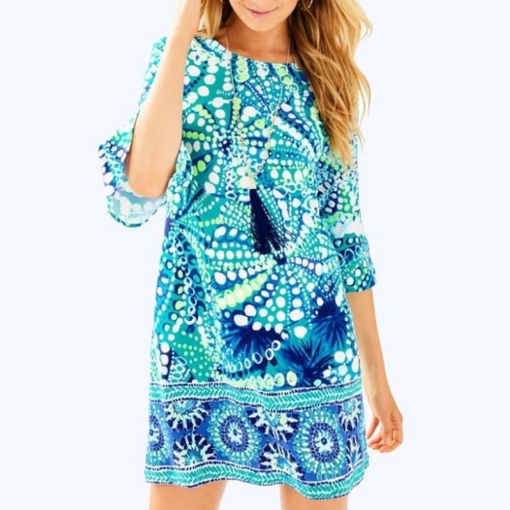 Lilly Pulitzer Agate Blue Green Ophelia Swing Dress Flounce Sleeves XXS NWOT